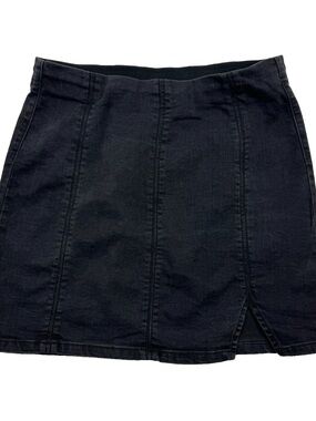 Free People Black Denim Mini Skirt with Front Notch Elastic Waist Size L